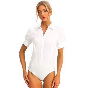 Button Down Leotard Shirt Short Sleeve Collared Work Bodysuit Tops White